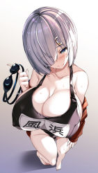 Rule 34 | 1girl, barefoot, black one-piece swimsuit, blue eyes, breasts, covered erect nipples, from above, goggles, hair ornament, hair over one eye, hairclip, hamakaze (kancolle), hand on leg, highres, jacket, kantai collection, large breasts, name tag, one-piece swimsuit, pointing, pointing up, red jacket, school swimsuit, silver hair, simple background, smile, solo, swimsuit, torisan