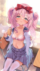 Rule 34 | 1girl, :p, blue skirt, bow, bra, breasts, chair, classroom, cleavage, clothes pull, desk, flashing, green eyes, hair bow, highres, indoors, long hair, looking at viewer, looking up, navel, nyahu (nyahu 77), open clothes, open shirt, original, pink bra, pink hair, pulling own clothes, revision, ribbon, school uniform, shirt, shirt pull, sitting, skirt, small breasts, smile, solo, thighhighs, thighs, tongue, tongue out, two side up, underwear, white shirt, white thighhighs