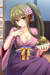 Rule 34 | 1girl, breasts, brown eyes, character request, cherry blossoms, cleavage, flower, food, green hair, hair flower, hair ornament, hakama, hakama skirt, hitsuki rei, japanese clothes, kimono, large breasts, long hair, long sleeves, looking at viewer, obi, ponytail, sash, sitting, skirt, solo, the rainy port keelung