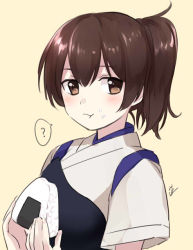Rule 34 | 10s, 1girl, :t, ?, blush, brown eyes, brown hair, eating, food, food on face, japanese clothes, kaga (kancolle), kantai collection, long hair, mirakururu, muneate, onigiri, side ponytail, simple background, solo, spoken question mark, upper body, yellow background