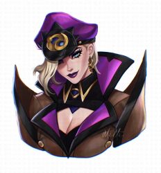 Rule 34 | 1girl, black shirt, blonde hair, breasts, cleavage, cleavage cutout, clothing cutout, collared shirt, cropped torso, earrings, evelynn (league of legends), grey eyes, highres, jewelry, large breasts, league of legends, milti.art, mole, mole under eye, pink headwear, purple lips, shirt, short hair, signature, simple background, smile, solo, soul fighter evelynn, white background