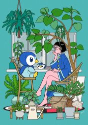 Rule 34 | 1girl, bare legs, barefoot, basket, black hair, blue jacket, chair, commentary request, creatures (company), crossed legs, cup, flower pot, from side, game freak, gen 4 pokemon, glasses, hand on own thigh, hand up, hanging plant, headphones, jacket, komayama akira, mug, nintendo, original, piplup, plant, pokemon, pokemon (creature), potted plant, short hair, signature, sitting, watering can, window