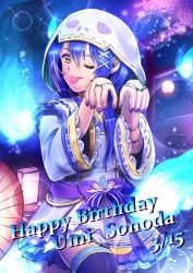 Rule 34 | 1girl, :p, ;), alternate hairstyle, artist name, artist request, back bow, black legwear, blue fire, blue hair, blue sky, blush, bow, breasts, dress, female focus, fire, flower, ghost print, hair between eyes, hair ornament, hairclip, highres, hood, hood up, hooded jacket, jacket, long hair, long sleeves, looking at viewer, love live!, love live! school idol festival, love live! school idol festival all stars, love live! school idol project, nail, nail polish, night, night sky, one eye closed, parted lips, purple bow, purple nails, purple ribbon, purple skirt, red flower, ribbon, skirt, sky, smile, solo, sonoda umi, tongue, tongue out, white dress, white jacket, white skirt, x hair ornament, yellow eyes