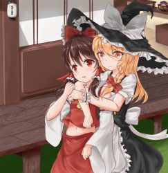Rule 34 | 3girls, apron, ascot, blonde hair, blush, bow, braid, brown hair, commentary request, d:, detached sleeves, frilled bow, frills, hair bow, hair tubes, hakurei reimu, hakurei shrine, holding hands, hat, hug, hug from behind, kirisame marisa, large bow, long hair, midriff, multiple girls, navel, open mouth, puffy short sleeves, puffy sleeves, red eyes, sash, shared hat, short sleeves, side braid, single braid, skirt, skirt set, smile, sukuna shinmyoumaru, touhou, vest, waist apron, when you see it, witch hat, wrist cuffs, yellow eyes, yuri