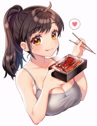 Rule 34 | 1girl, :3, :q, ahoge, armpit crease, bare arms, bare shoulders, breasts, brown eyes, brown hair, camisole, chopsticks, cleavage, collarbone, commentary request, cropped torso, grey shirt, hair ornament, hairclip, heart, highres, holding, holding chopsticks, large breasts, long hair, looking at viewer, bento, original, ponytail, sakura yuki (clochette), shirt, sidelocks, simple background, sleeveless, sleeveless shirt, smile, solo, spoken heart, steam, sweat, tongue, tongue out, white background