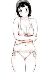 Rule 34 | 1girl, blush, breasts, character request, cleavage, closed mouth, large breasts, looking at viewer, medium breasts, monochrome, plump, short hair, simple background, solo, swimsuit, ueyama michirou, white background