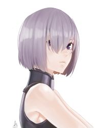 Rule 34 | 1girl, amino (tn7135), armor, bad id, bad pixiv id, bare shoulders, fate/grand order, fate (series), from side, hair over one eye, mash kyrielight, purple eyes, short hair, solo, white background