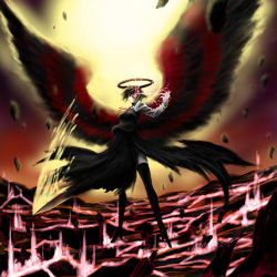 Rule 34 | 1girl, bad id, bad pixiv id, blonde hair, embodiment of scarlet devil, ex-rumia, female focus, glowing, glowing eye, glowing eyes, halo, high heels, highres, aged up, red eyes, rumia, shoes, solo, sword, touhou, weapon, wings, yamaguchi yoshimi