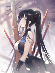 Rule 34 | 1girl, bare back, bare shoulders, black dress, blunt bangs, blurry, breasts, china dress, chinese clothes, cleavage, depth of field, detached sleeves, double bun, dress, fate/grand order, fate (series), hair bun, hair ornament, halterneck, leaf hair ornament, long hair, looking at viewer, medium breasts, parted lips, pipa (instrument), purple hair, ritsuki, sidelocks, signature, solo, twintails, very long hair, yang guifei (fate), yang guifei (first ascension) (fate)