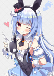 Rule 34 | 1girl, animal, animal ears, bare shoulders, black hairband, black headwear, black leotard, blue hair, blue skirt, blunt bangs, blush, breasts, commentary request, detached sleeves, fake animal ears, frilled sleeves, frills, grey background, grin, hairband, hat, heart, holding, holding mask, hololive, leotard, long hair, looking at viewer, mask, unworn mask, mauve, mini hat, mini top hat, multicolored hair, one eye closed, pleated skirt, puffy short sleeves, puffy sleeves, rabbit, rabbit ears, rabbit mask, red eyes, short eyebrows, short sleeves, simple background, skirt, small breasts, smile, solo, streaked hair, thick eyebrows, tilted headwear, top hat, usada pekora, usada pekora (furi furi bunny dress), very long hair, virtual youtuber, white hair, white sleeves, wrist cuffs