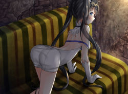 Rule 34 | 10s, 1girl, all fours, ass, back, backless outfit, black hair, blue eyes, blush, bow, breasts, couch, dress, dungeon ni deai wo motomeru no wa machigatteiru darou ka, elbow gloves, from behind, gloves, hair ornament, hair ribbon, hestia (danmachi), hypertan, long hair, looking at viewer, looking back, on couch, rei no himo, ribbon, short dress, solo, twintails, wall, white dress, white gloves