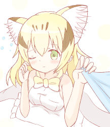 Rule 34 | 1girl, animal ear fluff, animal ears, bare arms, bare shoulders, black hair, blonde hair, blush, bow, bowtie, breasts, cat ears, closed mouth, commentary request, frilled pillow, frills, green eyes, hair between eyes, hands up, highres, kemono friends, medium breasts, multicolored hair, one eye closed, pillow, sand cat (kemono friends), shirt, sleeveless, sleeveless shirt, solo, sunanuko (ramuneko), two-tone hair, under covers, white background, white bow, white bowtie, white shirt, yellow bow, yellow bowtie