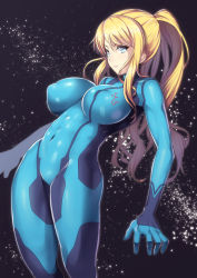 Rule 34 | 1girl, blonde hair, blue eyes, bodysuit, breasts, covered erect nipples, covered navel, cowboy shot, female focus, from side, gloves, high ponytail, impossible bodysuit, impossible clothes, large breasts, long hair, metroid, nagase haruhito, navel, nintendo, parted lips, ponytail, samus aran, sidelocks, skin tight, sky, solo, space, star (sky), starry sky, turtleneck, zero suit
