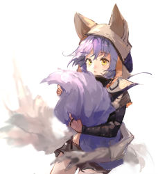 Rule 34 | 1girl, aged down, arknights, black jacket, black shorts, cowboy shot, female focus, highres, holding tail, hugging own tail, hugging tail, jacket, looking at viewer, official alternate costume, parted lips, provence (arknights), provence (wasteland walker) (arknights), purple hair, qianzhu, shorts, simple background, solo, tail, white background, wolf hood, wolf tail, yellow eyes