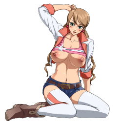 Rule 34 | 1girl, arm up, belt, blonde hair, blush, boots, breasts, clothes lift, collarbone, earrings, feet, full body, green eyes, gundam, gundam tekketsu no orphans, highres, jacket, jewelry, lafter frankland, large breasts, legs, long hair, long sleeves, looking at viewer, navel, nipples, no bra, parted lips, rindou akira, shirt lift, short shorts, shorts, simple background, sitting, smile, solo, thighhighs, thighs, twintails, white background, zettai ryouiki