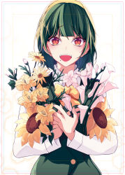 Rule 34 | 1girl, :d, absurdres, bad id, bad pixiv id, bouquet, brown eyes, flower, green hair, hairband, highres, idolmaster, idolmaster (classic), looking at viewer, mole, mole under mouth, open mouth, otonashi kotori, short hair, smile, solo, sunflower, xingjinmeijian, yellow hairband