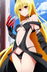 Rule 34 | 1girl, absurdres, bare shoulders, black dress, black panties, breasts, cameltoe, choker, cleavage, collarbone, dress, gauntlets, groin, highres, horns, konjiki no yami, long hair, long sleeves, medium breasts, navel, no bra, panties, red eyes, revealing clothes, screencap, sidelocks, skindentation, smile, stitched, stomach, thick thighs, thighs, third-party edit, thong, to love-ru, to love-ru darkness, to love-ru darkness 2nd, underwear, very long hair, wide hips