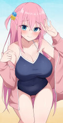 Rule 34 | 1girl, bent over, blue background, blue eyes, blush, bocchi the rock!, breasts, cube hair ornament, eniraka, gotoh hitori, gradient background, hair ornament, highres, jacket, large breasts, long hair, looking at viewer, off shoulder, open clothes, open jacket, pink hair, pink jacket, pink track suit, school swimsuit, simple background, smile, solo, swimsuit, thighs, yellow background