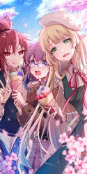 Rule 34 | 3girls, alternate costume, arme glenstid, beret, blonde hair, blue pants, blue sky, blush, brown jacket, cherry blossoms, cloud, commentary request, contemporary, day, dress, elesis sieghart, elf, flower, food, glasses, grand chase, green dress, green eyes, hair between eyes, hat, highres, holding, holding food, jacket, lire (grand chase), long hair, long sleeves, looking at another, looking at viewer, maydream, multiple girls, neck ribbon, open clothes, open jacket, open mouth, outdoors, pants, petals, pinafore dress, pink flower, plaid, plaid skirt, pleated skirt, pointy ears, ponytail, purple-framed eyewear, purple eyes, purple hair, purple skirt, red eyes, red hair, red ribbon, ribbon, shirt, short hair, skirt, sky, sleeveless, sleeveless dress, smile, sweatdrop, teeth, tongue, tongue out, upper teeth only, v, very long hair, white shirt