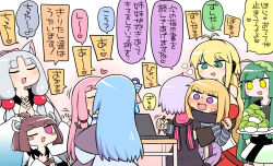 Rule 34 | 6+girls, :3, ^^^, ahoge, animal ears, antenna hair, arm up, artist self-insert, beads, black hoodie, black shirt, blonde hair, blue hair, blunt bangs, blush, blush stickers, bracelet, breasts, brown sleeves, cleavage, closed eyes, commentary request, computer, curtained hair, detached sleeves, fox ears, fox girl, girl sandwich, gradient background, gradient kimono, green eyes, green hair, green hairband, grey hair, hair beads, hair ornament, hairband, hand grab, headgear, headphones, heart, heavy breathing, highres, holding, holding hands, holding stylus, holding tray, hood, hood down, hoodie, hug, hug from behind, interlocked fingers, japanese clothes, jewelry, kimono, kiss, kotonoha akane, kotonoha aoi, laptop, large breasts, long hair, long sleeves, looking at another, moaning, multiple girls, music, mutual hug, no pupils, nose blush, open mouth, original, own hands together, pink background, pink eyes, pink hair, purple eyes, purple hair, rantana-san, rantana (lalalalackluster), red shirt, sandwiched, shirt, short kimono, siblings, sidelocks, singing, sisters, smile, speech bubble, straddling, striped clothes, striped shirt, stylus, sweat, touhoku itako, touhoku kiritan, touhoku zunko, translation request, tray, tsurumaki maki, upper body, upright straddle, v-shaped eyebrows, vocaloid, voiceroid, white background, white kimono, yellow eyes, yuri, yuzuki yukari, zunda mochi