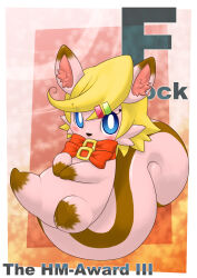 Rule 34 | 1girl, animal ear fluff, animal ears, animal nose, blonde hair, blue eyes, blush, body fur, border, borrowed character, bow, bowtie, bright pupils, brown fur, character request, closed mouth, english text, female focus, full body, furry, furry female, hair ornament, hairclip, handymonsters, kame (3t), looking at viewer, lying, on back, own hands together, pink fur, red background, red bow, red bowtie, short hair, sidelocks, solo, squirrel ears, squirrel girl, squirrel tail, swept bangs, tail, traditional bowtie, two-tone fur, white border, white pupils