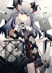 Rule 34 | 1girl, arknights, black choker, black dress, choker, closed mouth, coat, collarbone, commentary, cowboy shot, cuicuijiao, dragon horns, dress, earclip, frown, grey coat, highres, holding, holding shield, holding weapon, horns, long hair, looking at viewer, open clothes, open coat, orange eyes, saria (arknights), see-through, see-through sleeves, shield, silver hair, sleeveless, sleeveless dress, solo, syringe gun, v-shaped eyebrows, weapon, white background
