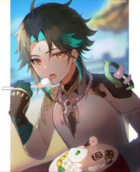 Rule 34 | 1boy, absurdres, ahoge, arm tattoo, azna, bead necklace, beads, black hair, blurry, blurry background, day, eating, facial mark, flower, food, forehead mark, genshin impact, gloves, gradient hair, green hair, highres, holding, holding spoon, jewelry, male focus, multicolored hair, necklace, open mouth, outdoors, plate, solo, spoon, tassel, tattoo, tofu, twitter username, upper body, white flower, xiao (genshin impact), yellow eyes