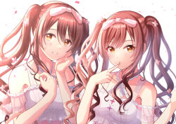 Rule 34 | 2girls, bare shoulders, blush, breasts, citrusmikan, collarbone, dress, finger to mouth, flower, hair between eyes, hair flower, hair ornament, hair ribbon, hand on own cheek, hand on own face, hand up, highres, idolmaster, idolmaster shiny colors, index finger raised, long hair, looking at viewer, medium breasts, multiple girls, official alternate costume, official alternate hairstyle, open mouth, osaki amana, osaki tenka, parted lips, red hair, ribbon, siblings, sisters, sleeveless, sleeveless dress, smile, swept bangs, twins, twintails, upper body, wavy hair, white dress, yellow eyes