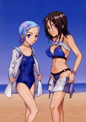 Rule 34 | 00s, 2girls, :o, age difference, bandaid, beach, bikini, bikini under clothes, black hair, blue bikini, blue eyes, blue hair, bracelet, breasts, brown eyes, camisole, choker, cleavage, clothes lift, clothes pull, clothes writing, covered erect nipples, crop top, day, dress, eureka (eureka seven), eureka seven, eureka seven (series), facial mark, flat chest, gradient hair, groin, hair between eyes, hair ornament, hairclip, highres, holster, jewelry, large breasts, legs, looking at viewer, miniskirt, multicolored hair, multiple girls, neck ring, nitta kumi, o-ring, o-ring bikini, o-ring bottom, ocean, one-piece swimsuit, open clothes, open dress, open fly, open mouth, outdoors, pencil skirt, pinky out, police, print bikini, purple eyes, school swimsuit, shirt lift, short dress, short hair, sideboob, skirt, skirt pull, sky, small breasts, standing, star (symbol), star print, swimsuit, swimsuit under clothes, talho yuuki, tattoo, thigh holster, thigh strap, undressing, unzipped, water, wide hips