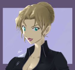 Rule 34 | 1girl, black jacket, blonde hair, breasts, cleavage, collarbone, collared jacket, green eyes, grey background, hair intakes, jacket, medium breasts, meitantei conan, open mouth, outside border, portrait, purple background, purple lips, short hair, signature, solo, sooma4869, vermouth (meitantei conan), wing collar