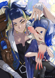 Rule 34 | 1boy, 1girl, absurdres, adaman (pokemon), blue coat, blue hair, closed mouth, coat, collar, collarbone, commentary request, creatures (company), crossover, earrings, eyebrow cut, game freak, hand wraps, highres, jewelry, looking at viewer, multicolored hair, nintendo, octoling, pokemon, pokemon legends: arceus, ponytail, satomune s, shiver (splatoon), signature, smile, splatoon (series), splatoon 3, yellow eyes