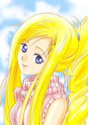 Rule 34 | 00s, 1girl, alicia florence, aria (manga), blonde hair, blue eyes, braid, braided ponytail, cloud, from side, hair ornament, hair tie, hairclip, light smile, lipstick, long hair, looking at viewer, makeup, outdoors, sidelocks, single braid, sky, solo, sweater, sweater vest