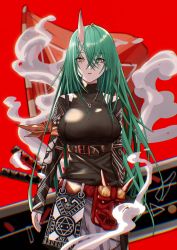 Rule 34 | 1girl, absurdres, arknights, arm ribbon, arm scarf, black shirt, breasts, green hair, highres, holding, holding shield, horns, hoshiguma (arknights), hoshiguma (ronin huntress) (arknights), jewelry, large breasts, long hair, looking at viewer, magatama, magatama necklace, mask, necklace, official alternate costume, oni mask, ribbon, shield, shirt, single horn, skin-covered horns, solo, user ryma7544