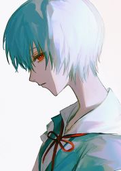 Rule 34 | 1girl, ayanami rei, blue hair, bright pupils, grey background, highres, inuo (inuo x), light blue hair, looking at viewer, neck ribbon, neon genesis evangelion, parted lips, red eyes, red ribbon, ribbon, short hair, simple background, solo, upper body, white pupils