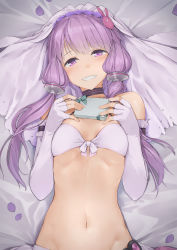Rule 34 | 1girl, bare shoulders, bed sheet, blush, box, breasts, commentary, elbow gloves, fingerless gloves, gift, gift box, gloves, grin, groin, hair ornament, head tilt, highres, holding, holding gift, kanzen bouon, long hair, looking at viewer, lying, navel, on back, petals, purple eyes, purple gloves, purple hair, rabbit hair ornament, small breasts, smile, solo, upper body, veil, voiceroid, yuzuki yukari