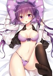 Rule 34 | 1girl, black thighhighs, bow, bowtie, bra, breasts, cameltoe, cleavage, commentary request, closed eyes, feet, gochuumon wa usagi desu ka?, hair ornament, highres, long hair, long sleeves, looking at viewer, lying, medium breasts, navel, on back, open clothes, open mouth, open shirt, panties, pillow, piripun, purple bra, purple eyes, purple hair, purple panties, rabbit house uniform, shirt, signature, solo, tedeza rize, thighhighs, twintails, underwear, undressing, x hair ornament