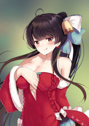 Rule 34 | 1girl, :q, agano (azur lane), agano (christmas eve tease) (azur lane), ahoge, azur lane, bare shoulders, bell, bow, breasts, brown hair, christmas, cleavage, collarbone, detached sleeves, dress, fur trim, hair bow, highres, large breasts, long hair, long sleeves, looking at viewer, ponytail, red dress, red eyes, schreibe shura, smile, solo, strapless, strapless dress, tongue, tongue out, upper body, very long hair, wide sleeves