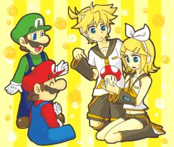 Rule 34 | 1girl, 3boys, 70 (owmnesto), blouse, blue overalls, brother and sister, brothers, crossover, detached sleeves, facial hair, gloves, green hat, green shirt, hair ornament, hair ribbon, hairclip, hat, headphones, kagamine len, kagamine rin, luigi, mario, mario (series), multiple boys, multiple girls, mushroom, mustache, navel, nintendo, open mouth, overalls, ribbon, shirt, shorts, siblings, smile, super mario bros. 1, super mushroom, thighhighs, twins, vocaloid, white gloves, zettai ryouiki