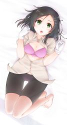 Rule 34 | 1girl, barefoot, bed sheet, bike shorts, black hair, black shorts, blush, bra, breasts, buttons, cleavage, collared shirt, gloves, green eyes, hair ornament, highres, kantai collection, kuroshio (kancolle), medium breasts, meihemu, open clothes, open mouth, open shirt, pink bra, shirt, short hair, short sleeves, shorts, solo, toes, underwear, white gloves, white shirt