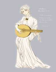 Rule 34 | 1boy, absurdres, blush, closed mouth, collarbone, crossdressing, dark souls (series), dark souls i, dark sun gwyndolin, dress, grey background, grey hair, guitar, highres, instrument, invisible chair, long sleeves, male focus, male with breasts, music, playing instrument, purple eyes, short hair, simple background, sitting, solo, translation request, trap, white dress, zunkome