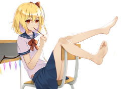 Rule 34 | 1girl, barefoot, blonde hair, blue sailor collar, blue skirt, bow, chair, commentary request, crystal, desk, feet, flan (seeyouflan), flandre scarlet, full body, hair between eyes, hair bow, highres, holding, ke-ta (style), looking at viewer, miniskirt, no headwear, one side up, red bow, red eyes, red neckwear, sailor collar, school desk, school uniform, serafuku, short hair, short sleeves, simple background, sitting, skirt, smile, solo, thighs, touhou, white background, wings
