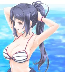 Rule 34 | 10s, 1girl, adjusting hair, armpits, arms behind head, arms up, bikini, bikini top only, blue background, blue hair, blush, bracelet, breasts, cleavage, closed mouth, collarbone, dripping, female focus, frapowa, jewelry, large breasts, long hair, looking away, love live!, love live! school idol festival, love live! school idol project, love live! sunshine!!, matsuura kanan, ocean, ponytail, purple eyes, sideboob, smile, solo, sparkle, striped, swimsuit, tying hair, upper body, very long hair, wet, wet hair