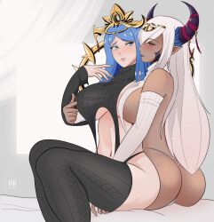 Rule 34 | 2girls, absurdres, areola slip, ass, asymmetrical horns, bare shoulders, black panties, black sweater, black thighhighs, blue eyes, blue hair, blush, breasts, cameltoe, circlet, cleavage, commentary, commission, commissioner upload, crown, detached sleeves, dragon girl, fire emblem, fire emblem engage, grabbing, grabbing another&#039;s breast, hair ornament, hair over one eye, highres, holding, horns, ihsnet, jewelry, large breasts, long hair, lumera (fire emblem), mature female, meme attire, multiple girls, navel, nintendo, open mouth, panties, pointy ears, purple eyes, purple ribbon, revealing clothes, ribbon, sideboob, smile, sweater, tan, tassel, tassel hair ornament, thighhighs, thighs, thong, tiara, turtleneck, underboob, underwear, uneven horns, very long hair, virgin destroyer sweater, white panties, white sweater, white thighhighs, yuri, zephia (fire emblem)