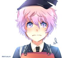 Rule 34 | 10s, 1boy, akita toushirou, artist name, blue eyes, crying, crying with eyes open, ebbilin, hat, looking at viewer, male focus, military, military uniform, necktie, pink hair, short hair, simple background, solo, star (symbol), streaming tears, tears, touken ranbu, uniform, white background