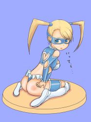 Rule 34 | 1990s (style), 1girl, ass, blonde hair, blue eyes, boots, breasts, bruise, bubinoana, clothing cutout, from behind, heart, heart cutout, injury, large breasts, long hair, looking back, looking down, mask, rainbow mika, retro artstyle, sideboob, sitting, street fighter, street fighter zero (series), text focus, thong, translation request, twintails, wariza