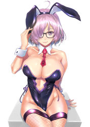 Rule 34 | 1girl, animal ears, bare shoulders, black-framed eyewear, black leotard, blush, breasts, center opening, cleavage, closed mouth, collarbone, detached collar, fake animal ears, fate/grand order, fate (series), fishnets, glasses, hair over one eye, highleg, highleg leotard, highres, large breasts, leotard, light purple hair, looking at viewer, mash kyrielight, nenchi, playboy bunny, purple eyes, rabbit ears, revision, short hair, simple background, sitting, smile, solo, thighs, white background, wrist cuffs