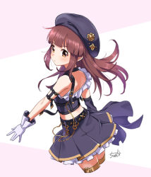 Rule 34 | 1girl, alternate hairstyle, arm strap, bare shoulders, belt, beret, blush, brown eyes, brown hair, chain, commentary request, crop top, cropped legs, detached sleeves, frills, from behind, gloves, gold chain, halterneck, hat, hat ornament, idolmaster, idolmaster cinderella girls, long hair, looking back, ogata chieri, shoulder blades, sidelocks, signature, single glove, single sleeve, skirt, solo, thighhighs, two-tone background, tyuga, zettai ryouiki