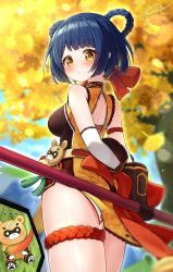 Rule 34 | 1girl, autumn leaves, bell, black hair, blunt bangs, blurry, braid, brown gloves, chili pepper, chinese clothes, commentary request, depth of field, detached sleeves, from behind, genshin impact, gloves, highres, holding, holding staff, j2l, long hair, looking at viewer, looking back, red panda, sidelocks, staff, tree, twin braids, xiangling (genshin impact), yellow eyes