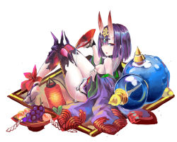 Rule 34 | 1girl, alcohol, ankle ribbon, bare shoulders, barefoot sandals (jewelry), blush, bob cut, breasts, cup, eyeliner, fate/grand order, fate (series), food, fruit, fruit bowl, gourd, grapes, headpiece, highres, horns, japanese clothes, kimono, knees up, lantern, leaning back, leg ribbon, legs, long sleeves, looking at viewer, looking back, makeup, off shoulder, oni, open clothes, open kimono, parted lips, peach, pouring, pouring onto self, purple eyes, purple hair, purple kimono, revealing clothes, ribbon, sakazuki, sake, short eyebrows, short hair, shuten douji (fate), sitting, skin-covered horns, small breasts, smile, solo, tim (a9243190a), wide sleeves