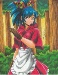 Rule 34 | 2021, apron, artist name, blue eyes, blue hair, brown gloves, bush, cosplay, cowboy shot, dress, female focus, forest, gloves, grass, hair ribbon, high ponytail, highres, leona heidern, little red riding hood, little red riding hood (grimm), little red riding hood (grimm) (cosplay), nature, outdoors, ravernclouk design, red dress, red hood, ribbon, sidelocks, snk, solo, standing, the king of fighters, traditional media, tree, white apron